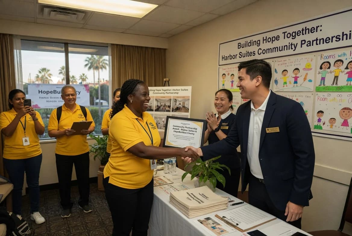 Photo of a community partnership event with hotel and charity representatives